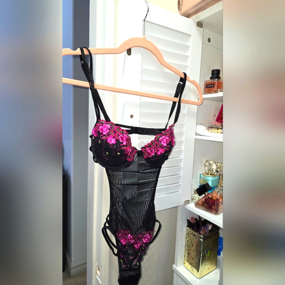 Baileya Black and Pink Lace Bodysuit